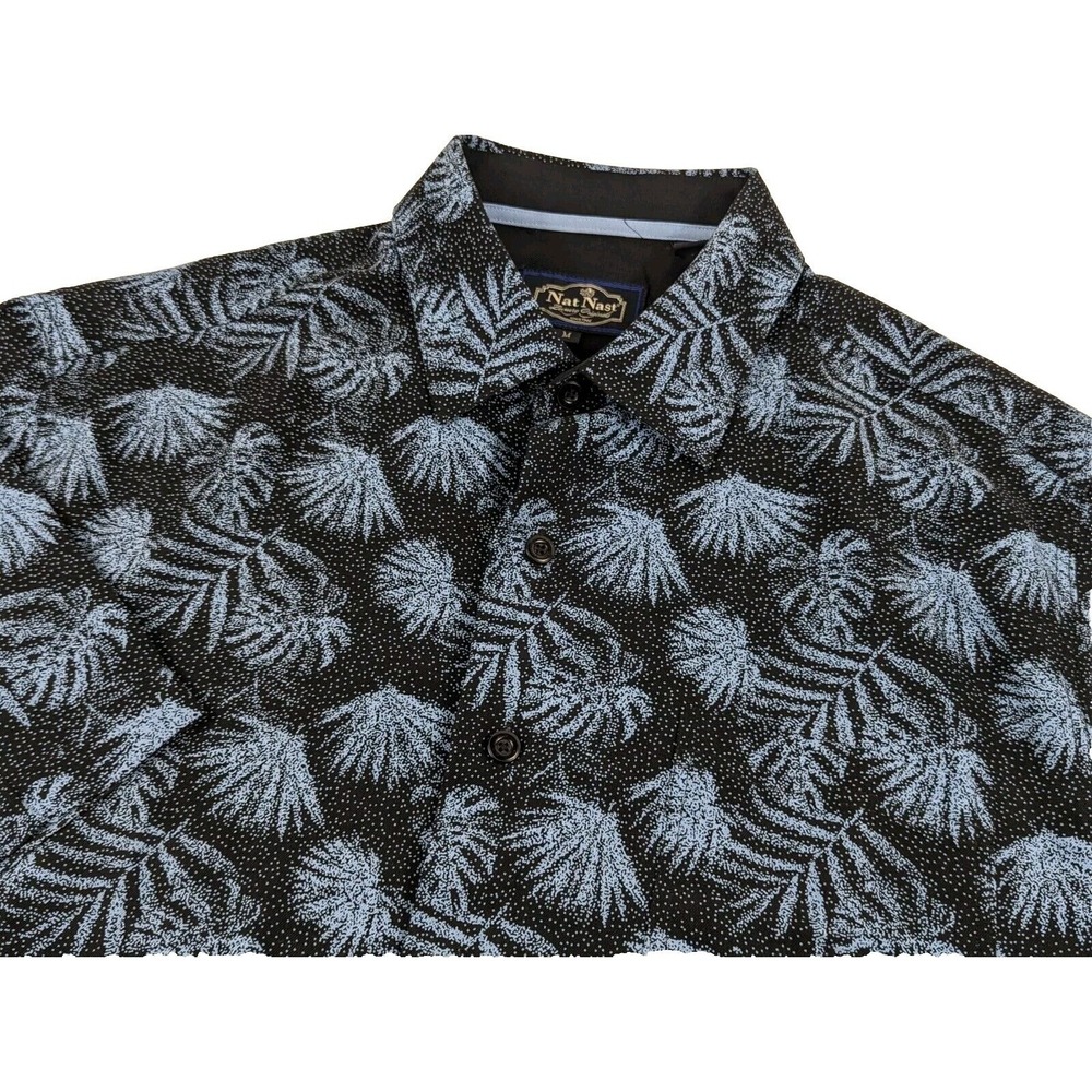 Nat Nast Mens‎ Silk Cotton Black Blue Leaf Print Button Down Shirt Size M